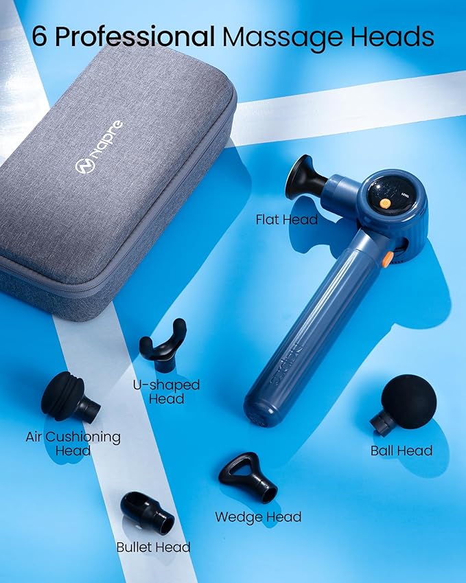 NAPRE Handheld Back Massager,Deep Tissue Neck Massager for Shoulders/Waist/Legs/Body Pain Relief,Cordless Percussion Muscle Massage Gun with Extension Handle & 3 Adjustable Angles,6 Heads,Blue