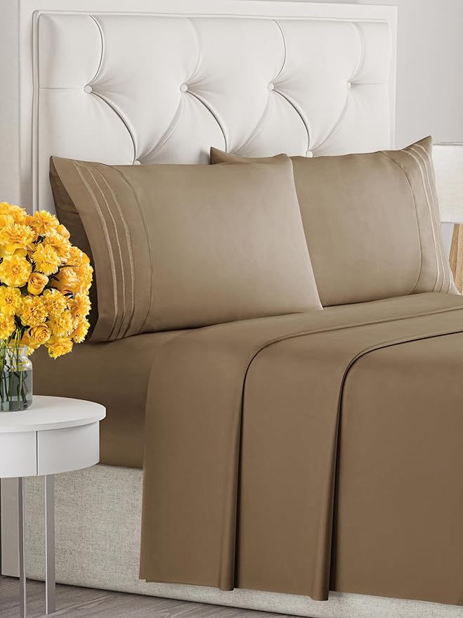 Queen Size 4-Piece Sheet Set - Extra Soft, Breathable & Cooling - Hotel Luxury Durable Bed Sheets - Deep Pockets, Easy-Fit & Wrinkle-Free - Neutral Brown Oeko-Tex