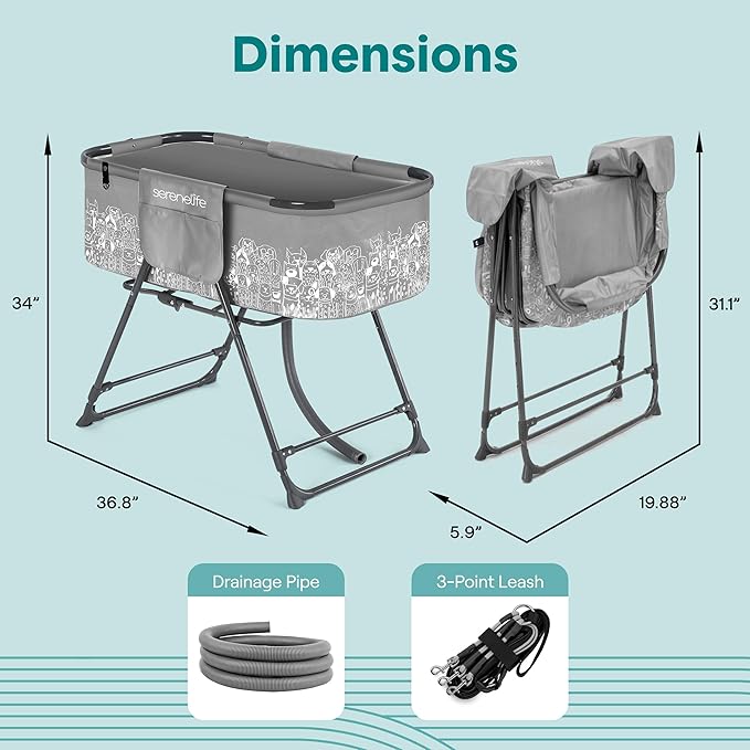 SereneLife Foldable Dog Bath Tub with Adjustable Height, 360° Access, Drain Hose & Storage Pockets – 130 lb Capacity Grooming Station for Indoor/Outdoor Use (Gray)