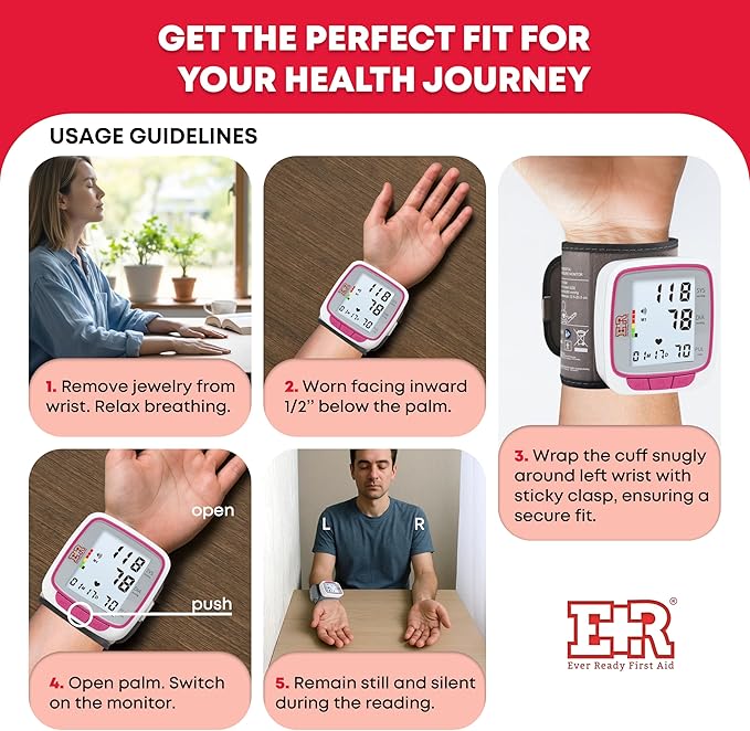 Ever Ready First Aid Fully Automatic Blood Pressure Wrist Cuff Watch Wearable Monitor for Home Use - Pink- Batteries Included