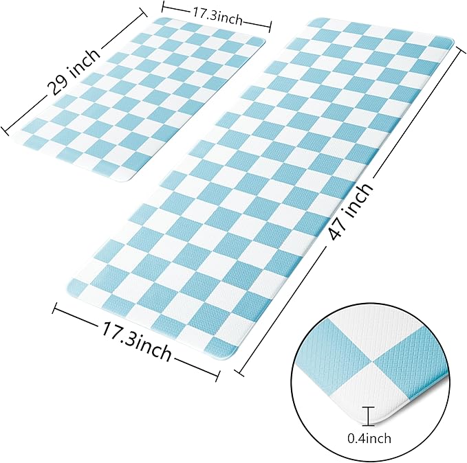 Sky Blue Checkered Grid Checkerboard Kitchen Rug Sets [2 PCs], Anti-Fatigue, Waterproof Non-Slip Kitchen Mats Heavy Duty Ergonomic Comfort Foam Rug for Floor, Home, Laundry,17"x29"+17"x47"