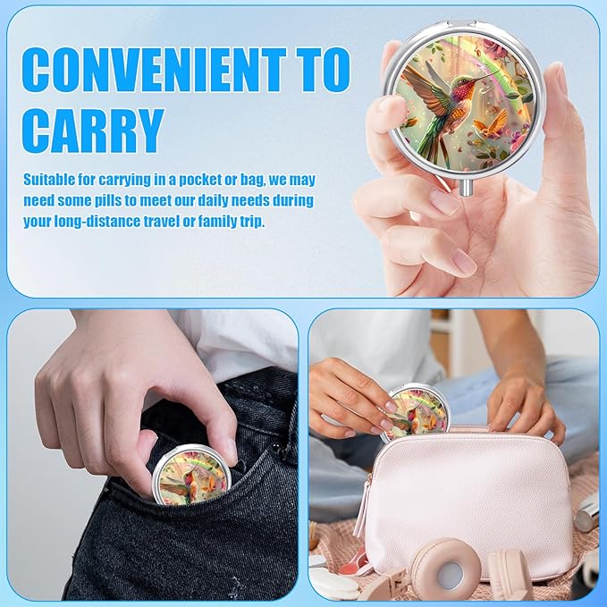 Pill Box, 3 Compartments Small Pill Case Travel Portable Metal Medicine Box with Mirror Mini Container for Purse Pocket Women Men（Humming Bird）