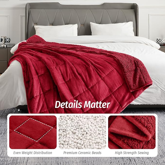 Wemore Sherpa Fleece Weighted Blanket for Adult,20 lbs Dual Sided Cozy Fluffy Heavy Blanket,Ultra Fuzzy Throw Blanket with Soft Plush Flannel Top,60 x 80 inches for Queen Burgundy on Both Sides