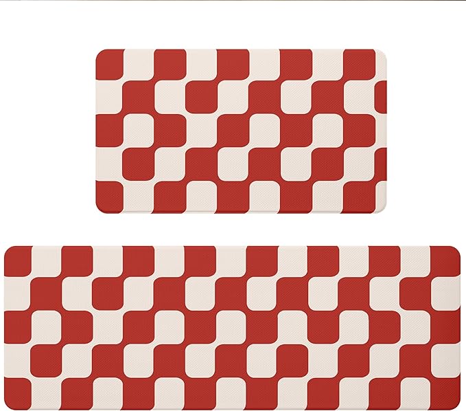 Red Beige Retro Curvy Checkered Grid Checkerboard Kitchen Rug Sets [2 PCs], Anti-Fatigue, Waterproof Non-Slip Kitchen Mats Heavy Duty Comfort Foam Rug for Floor, Home, Laundry,17"x29"+17"x47"