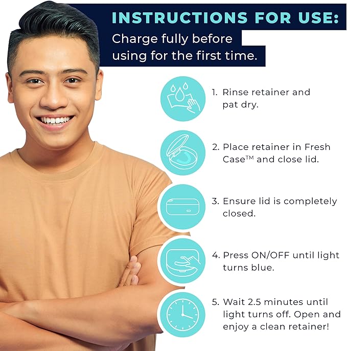 FRESH KNIGHT UVC Retainer Cleaner & Denture Cleaner - UV Retainer Case - Ideal for Invisalign & Mouth Guards - White UV Retainer Container - Convenient Travel Size