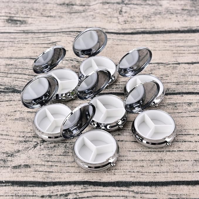Pill Box Round Metal Pill Case Portable Mini Silver Medicine Drug Holder Container Organizer with 3 compartments for Travel Outdoor Use Pack of 2