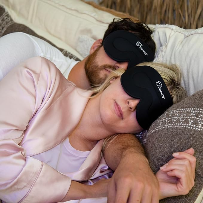 TheraICE Sleep Mask + Cooling Gel Relief - Sleep Eye Mask Blackout Blindfold Cold - 3D Contoured Relaxing No Pressure Eye Cover to Block Light for Comfortable Soothing Night Sleeping/Men & Women