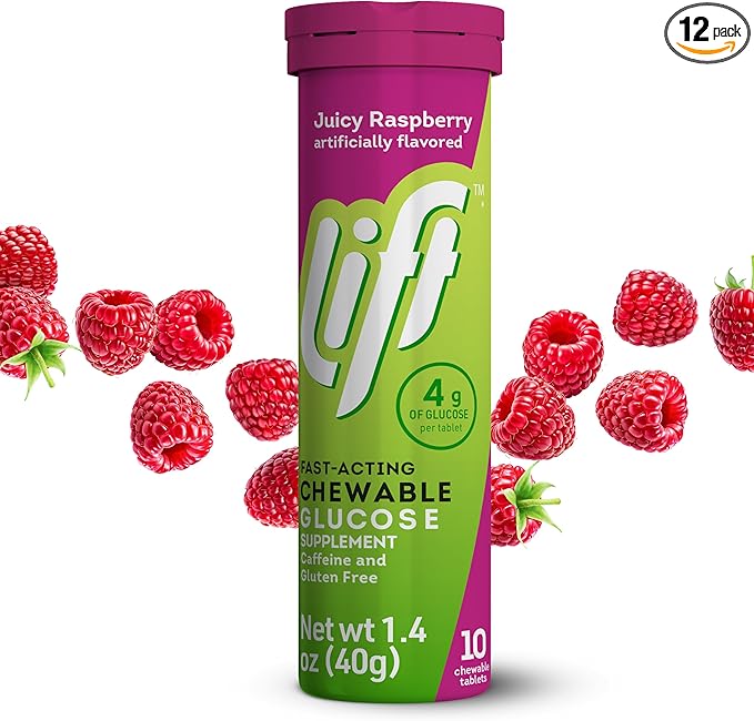 Lift Glucose Fast-Acting Glucose Chewable Energy Tablets, Raspberry, 10 ct Tube (Pack of 12)