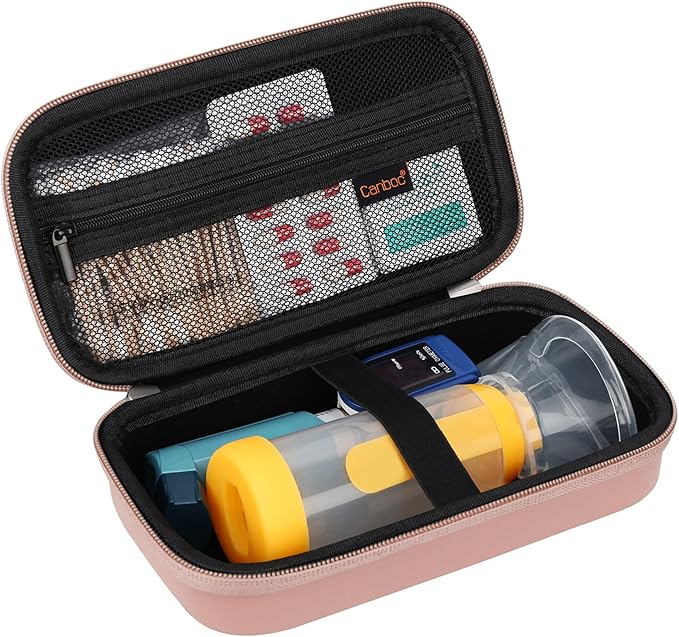 Canboc Travel Carrying Case for Asthma Inhaler, Handheld Spacer for Adults and Kids, Masks, Hard Inhaler Case with Mesh Pocket fit Medicine and Other Essentials, Rose Gold (CASE ONLY)