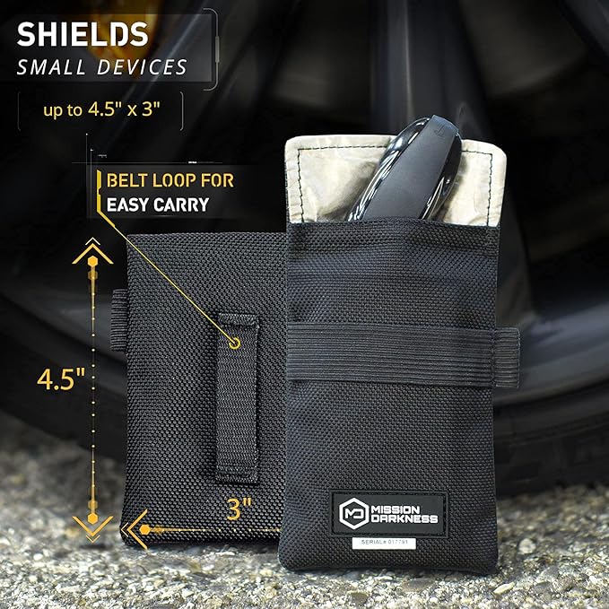 Mission Darkness Phone & Keyfob Faraday Bag Bundle - Collection Includes 1 Mojave Faraday Phone Bag + Keyfob Shield (2-Pack). RF Shielding, Anti-tracking & Hacking, EMF Reduction, EMP Protection.