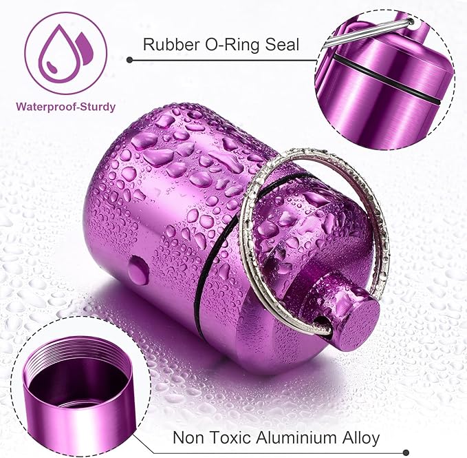 Hicarer 4 Pack Ear Plug Carrying Case, Waterproof Metal Ear Plug Holder with Keychain, Portable Small Pill Case Container for Earplugs, Jewelry, Pill Organizer for Travel or Sports(Silver, Purple)
