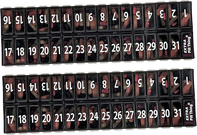 AM PM 31 Day Once-a Day Monthly Pill Planner Organizers - Large Compartment Pill Boxes Store Medications for Entire Month Plus Compartment for Extra Pills (AM/PM) (Am/Pm Black & Black)