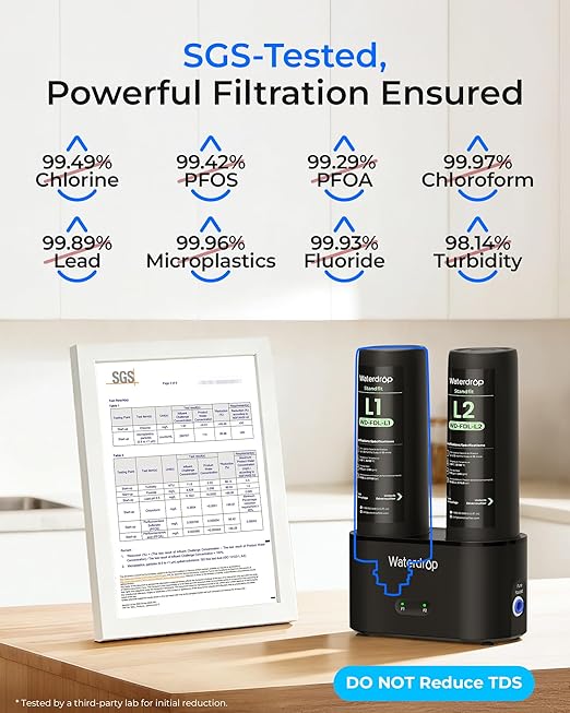Waterdrop DLG-L Under Sink Water Filter, Reduces Chlorine Lead Chloramine Bad Taste, 2 Stage Under Sink Water Filtration System with Separate Faucet, Life Indicator, Innovative Dual Filtered Flows