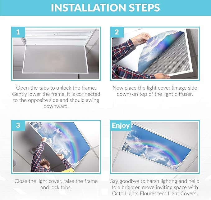 OCTO LIGHTS Fluorescent Light Covers Rainbow Cloud Sky Panel for Ceiling Lights, Light Covers for Ceiling Lights Classroom 2x4 (22.38"x46.5") Backlit Film Insert for Fluorescent Fixtures (Pack of 1)