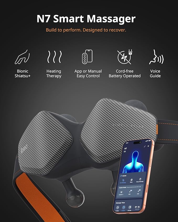 Smart Heated Shiatsu Neck Shoulder Back Massager, App-enabled, 8 Extra-Wide Bionic Heads, 4D Deep Tissue Kneading, Customizable Mode, 240 Mins Battery Life for Pain Relief Fitness Sporting Women, Men