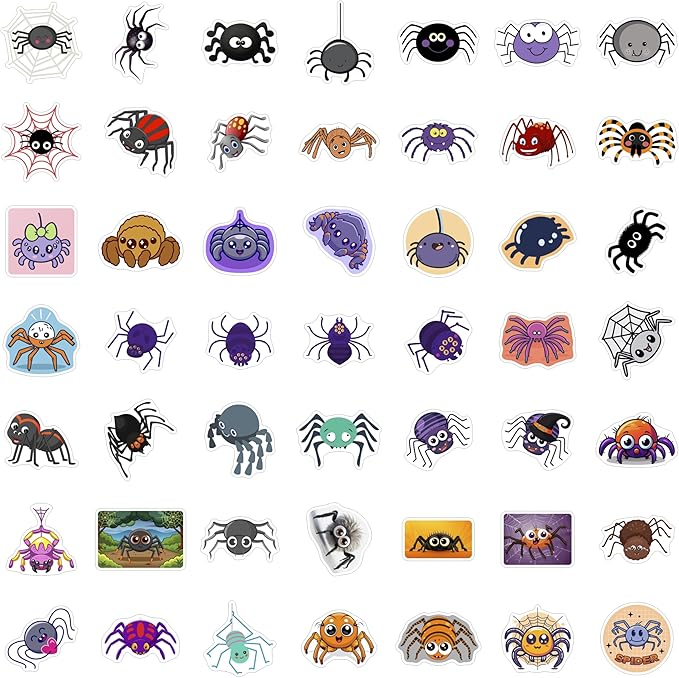 BulbaCraft 100Pcs Spider Stickers for Water Bottle and Laptop - Spider Party Supplies & Decorations, Waterproof Vinyl Decals, Cute and Creepy Stickers, Gifts for Women & Men