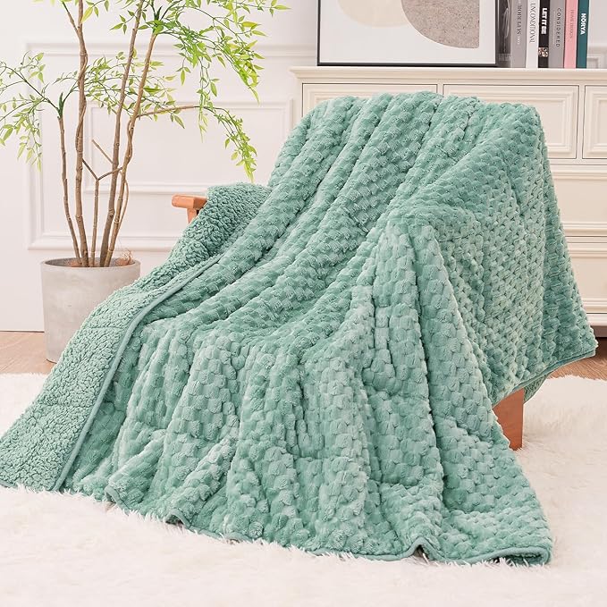 Super Fuzzy Soft Fleece Sherpa Weighted Blanket 15 lbs for Adults, 3D Imitation Turtle Shell Luxury Weighted Throw for Better Sleep, Dual Sided Cozy Heavy Blankets for Couch Bed, Sage Green, 48" x 72"