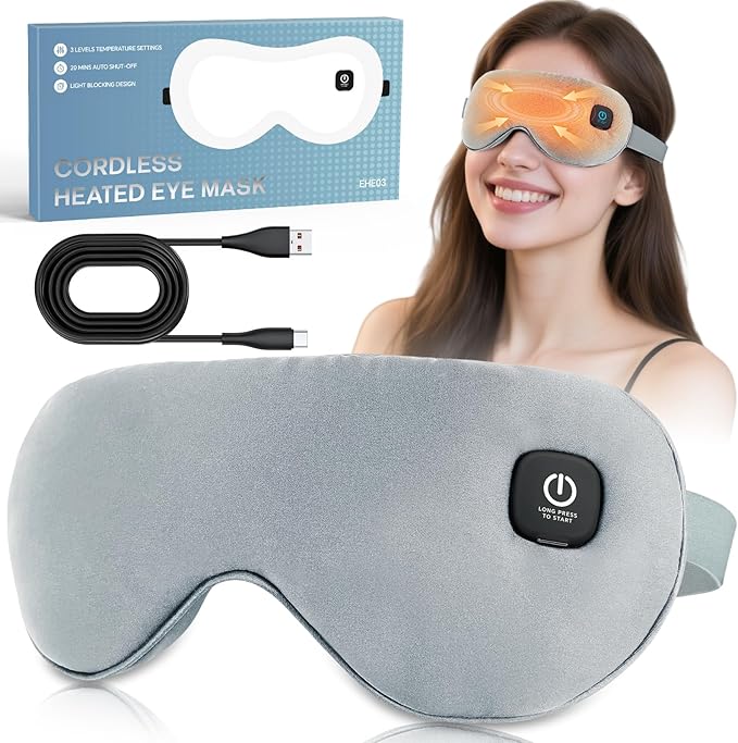 Cordless Heated Eye Mask for Dry Eyes Relief, with 3 Heat Settings, Washable Eye Cover, Warm Heating Pad for Stye Eye Treatment & Travel Use