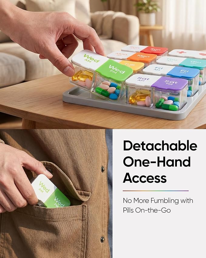Extra Large Pill Organizer with Desiccant Pads, Moisture-Resistant & Detachable Weekly Pill Box 2 Times a Day, Wide Opening for Vitamins and Daily Pills, Easy for Seniors, Home & Travel Use