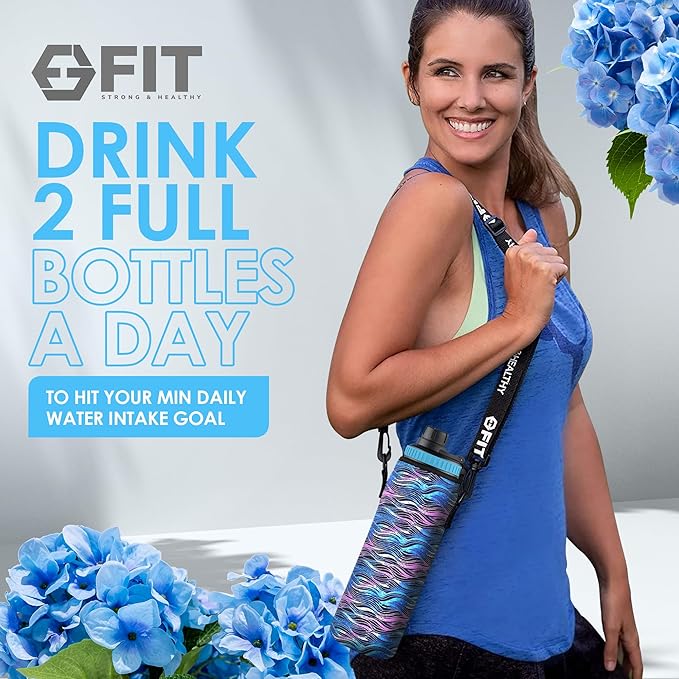 FIT Strong & Healthy 32 oz Glass Water Bottle with Straw Lid - Wide Mouth Borosilicate Glass Water Bottles with Time Marker, Silicone Sleeve & Extra Lid - 1L Large Motivational Drinking Bottle