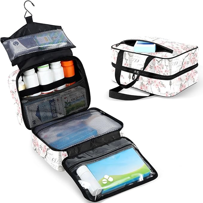 Fustylead Eiffel Tower Floral Pink and White Travel Medicine Storage Bag Large Household Pill Bottle Organizer with Zipper for First Aid, Pills, Vitamins, Medical Supplies