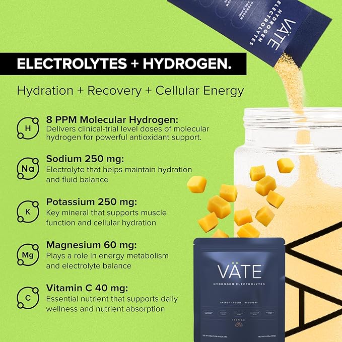 VATE Hydrogen Water + Electrolytes Powder Packets, 8 PPM Molecular Hydrogen + Electrolytes for Hydration, Focus & Recovery, Packets with Magnesium, Potassium, Vitamin C, 30 Count - Tropical