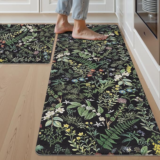 SHACOS Botanical Kitchen Rugs Set of 2 Spring Anti-Fatigue Kitchen Mats Black Green Leaf Cushioned Mats with Leaves Herb Greenery Farmhouse 17x27.5+17x47, Vintage Plants
