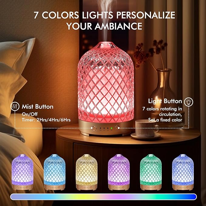 Essential Oil Diffuser 200ml-Ultrasonic Aroma Diffuser with 4 Timers, Aromatherapy Diffuser 7 Color LED Lights Auto Shut-Off Protection for Home Office (Rhombus-Glass)