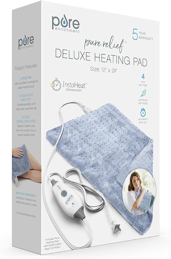Pure Enrichment® PureRelief Deluxe Heating Pad (12" x 24"), Full Body Therapy Pad with 4 InstaHeat Settings, Soft Machine-Washable Microplush Fabric and 2-Hour Auto Safety Shut-Off (Rain Blue)