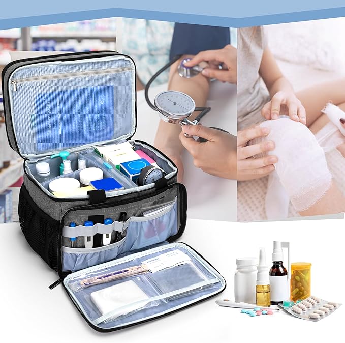 LUXJA 2 Layers Medicine Bag with Detachable Divider, Pill Bottle Organizer Suitable for Home or Travel Use, Gray