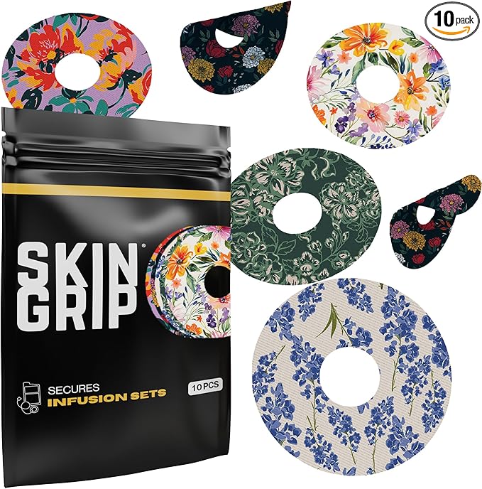 Skin Grip Universal Adhesive Patches for CGM and Insulin Pumps (10-Pack), 0.8-Inch Hole, Waterproof & Sweatproof for 10-14 Days, Pre-Cut Adhesive Tape, Continuous Glucose Monitor Protection, Floral