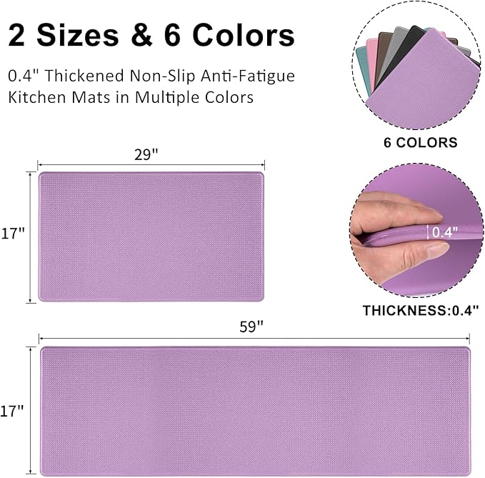 AUTODECO Kitchen Mats and Rugs Set of 2 - Cushioned Anti-Fatigue Kitchen Rug for Floor Washable 17"x29" +17"x59", Lightpurple