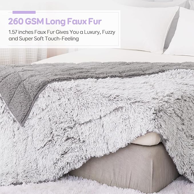 Cottonblue Faux Fur Weighted Blanket Queen Size, Fluffy Weighted Blanket 15 Pounds for Adults, Cozy Warm Fuzzy Sherpa Reverse Heavy Blanket for Sofa Bed Couch, 60 x 80 Inches, Morandi Grey