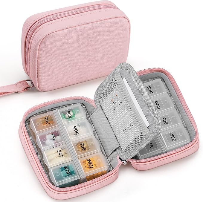 Zannaki Cute Pill Organizer for Purse with Two Removable 7-Day Pill Box, Travel PU Leather Pill Case, Portable Weekly Pill Container with Storage Bag to Hold Vitamins, Fish Oils, Supplements (Pink)