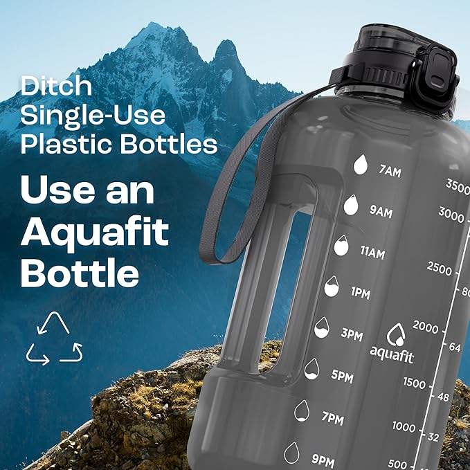 AQUAFIT 1 Gallon Water Bottle with Time Marker - Straw & Chug Lid - BPA Free Gym Water Bottle with Straw - Big Gallon Jug (Aqua, 128 oz - 2in1 Lid)