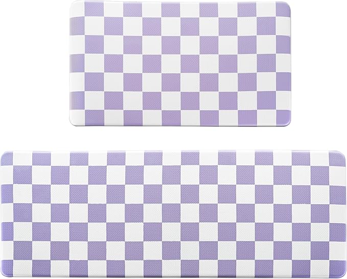 Purple Checkered Grid Checkerboard Kitchen Rug Sets [2 PCs], Anti-Fatigue, Waterproof Non-Slip Kitchen Mats Heavy Duty Ergonomic Comfort Foam Rug for Floor, Home, Laundry,17"x29"+17"x47"