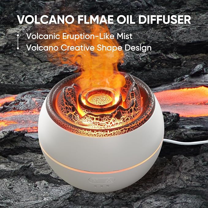 Essential Oil Diffuser, Volcano Flame Fire Oil Diffuser, 360ml Ultrasonic Cool Mist Aromatherapy Humidifier, Scent Diffuser with 7 Colors Light, Timer & Auto Shut-Off for Home, Room (White)