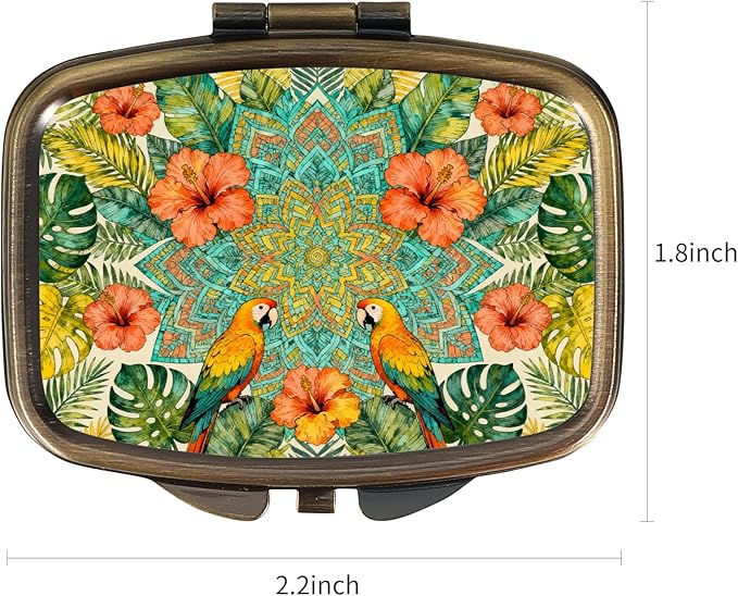 Dynippy Pill Case Pill Box with Mirror Retro Pocket 2 Compartment Medicine Case Vitamin Pill Organizer for Pocket Purse and Travel (A-Vibrant Tropical Florals)