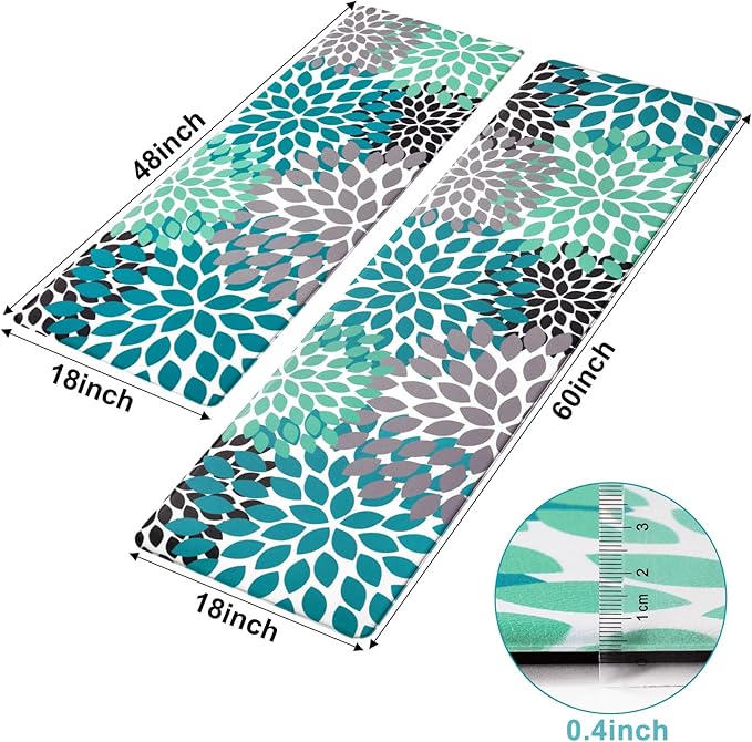Likiyol Kitchen Mats for Floor [2 PCS] Anti-Fatigue Kitchen Rugs Non Slip Washable Boho Flower Waterproof Kitchen Decor Cushioned Comfort Standing Floor Mats for Home/Office 18''x48''+18''x60''(Teal)