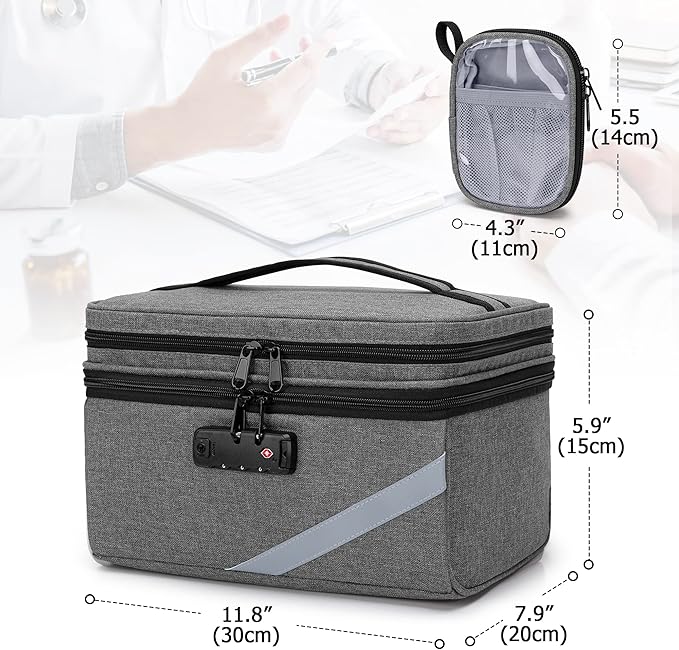 Trunab Medicine Storage Bag with Combination Lock, Lockable Pill Bottle Organizer, Travel Medication Carry Case for Medicine Box, Prescription, Vitamins,Supplements or Medical Supplies