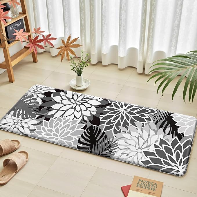 Kitchen Mats for Floor 2 Piece Cushioned Anti Fatigue Kitchen Mats Waterproof Non Slip Kitchen Mat Rug Set Comfort Foam Standing Mat for Sink, Laundry, Office, Black White