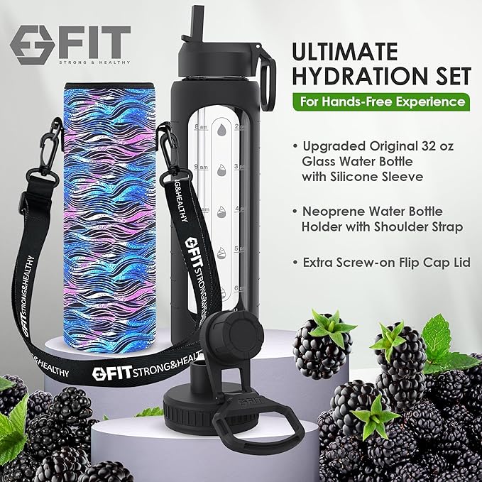FIT Strong & Healthy 32 oz Glass Water Bottle with Straw Lid - Wide Mouth Borosilicate Glass Water Bottles with Time Marker, Silicone Sleeve & Extra Lid - 1L Large Motivational Drinking Bottle