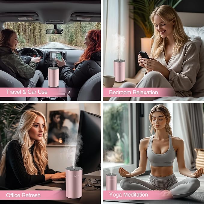 Waterless Essential Oil Diffuser Starter Kit - No Water Needed, Battery Operated Mini Scent Air Machine, Included 3x20ML Essential Oils, Portable Aromatherapy Diffuser for Home & Car & Office, Pink