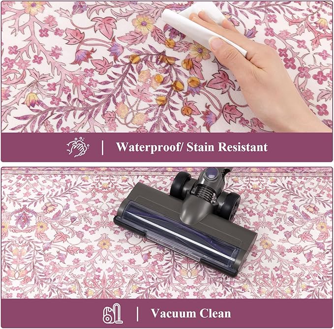 U'Artlines Kitchen Anti Fatigue Mats Sets of 2,Double-Sided Print Kitchen Mat Cushioned Comfort Standing Waterproof PVC Rugs,Pink Floral Rugs for Laundry Office Desk Sink(17"x28"+17"x47")