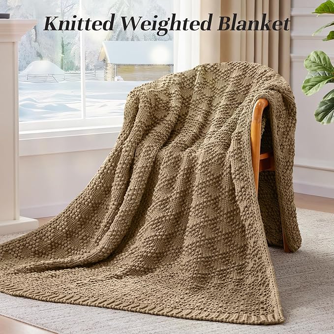 Knitted Weighted Blanket for Adult, Chunky Knit Weighted Throw for Sleep 48"*72" 12lbs, Cooling Breathable Heavy Blanket for Hot Sleepers, Machine Washable Fall Blanket for Room Decor(Beige)