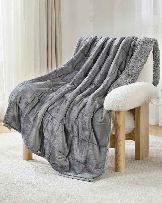 Weighted Blanket 15lbs for Adults, Ultra-Soft Sherpa Fleece Reversible Weighted Throw Blanket for Relaxation & Cozy Evenings, Sleep in A Hug, Evenly Distributed, W48 x L72, Grey