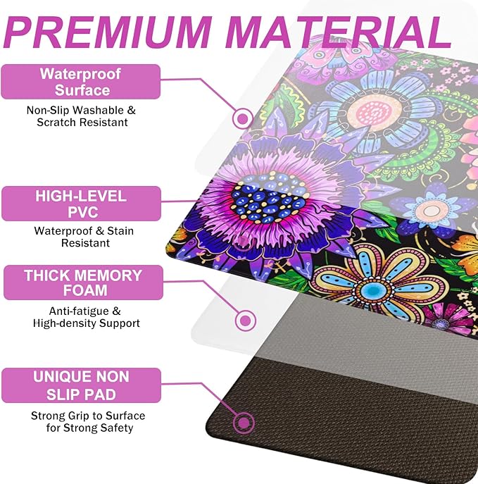Likiyol Boho Kitchen Rugs, Boho Floral Anti Fatigue Kitchen Mat for Floor, Bohemian Flowers Non Slip Washable Kitchen Floor Mats, Comfort Standing Mat, 18'' x 30'' + 18'' x 60'', Floral