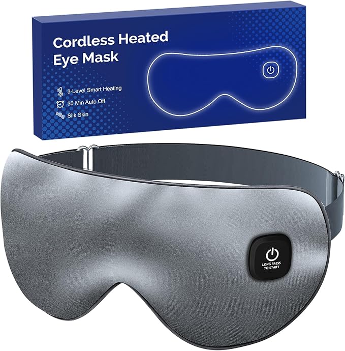 Cordless Heated Eye Mask for Dry Eyes, Blocking Light Warm Compress Rechargeable, 1000mAh Electric Eye Heating Pad for Sleeping, Washable Heat Sleep Mask with 3 Temperature Settings, Grey