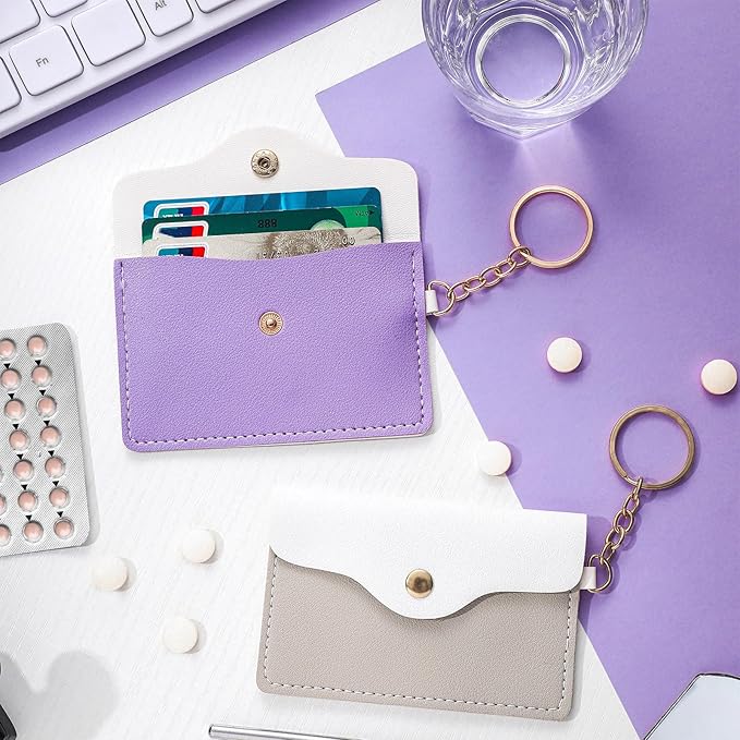 Tondiamo 2 Pack Birth Control Pill Case Holder PU Leather Pill Sleeve Packet 4.33 x 3 Inch Discreet Birth Control Pouch with Snap Closure Key Ring for Pills Card Organizer(Light Gray, Light Purple)