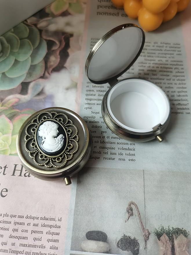 Bronze Pill Organizer, Portable Medicine Box for Pocket or Purse, Decorative Metal Vitamin Holder, Classical Small Pill Container, Unique Creative Gift for Women